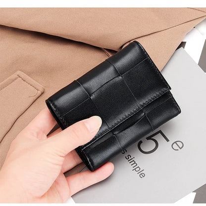 Portefeuille Femme Court Cuir Véritable Peau Mouton Tressé - Porte-Monnaie Trifold Zippé Grande Capacité Noir