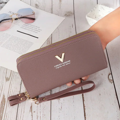 Portefeuille Femme Long Cuir PU Double Fermeture Éclair - Porte-Monnaie Téléphone Rouge