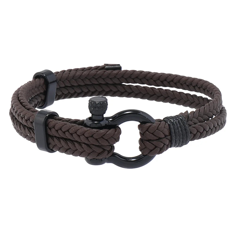 Bracelet en Cuir Tressé Noir pour Homme - Boucle Fer à Cheval Ajustable