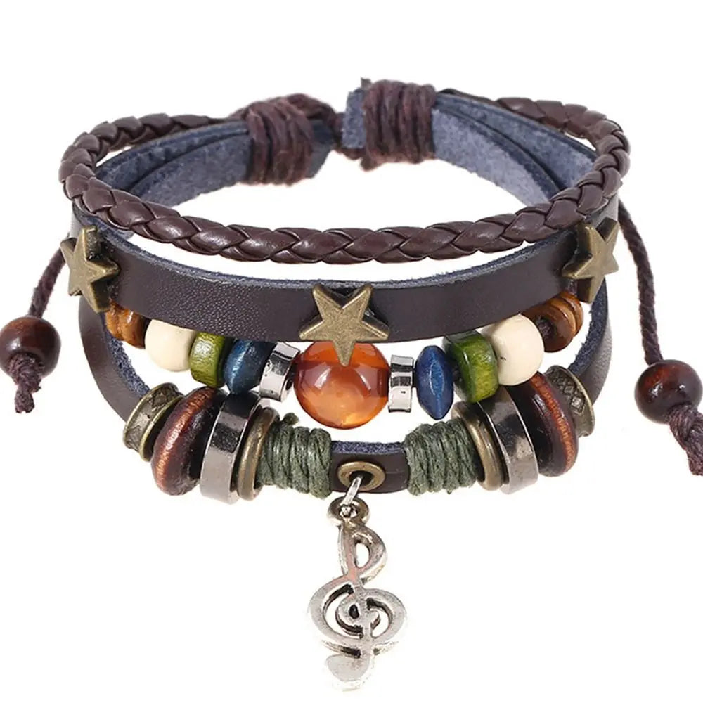 Bracelet Cuir Fait Main Bohème Gypsy - Étoile Métal Perles Bois Ajustable