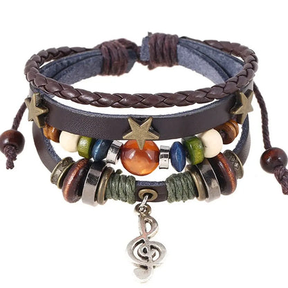 Bracelet Cuir Fait Main Bohème Gypsy - Étoile Métal Perles Bois Ajustable