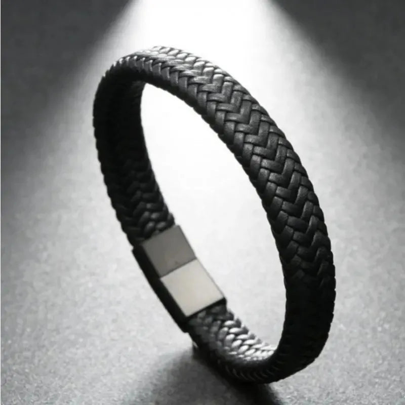 Bracelet Magnétique en Cuir Noir – Élégance Masculine