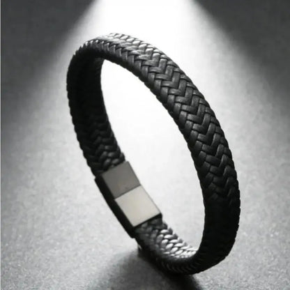Bracelet Magnétique en Cuir Noir – Élégance Masculine