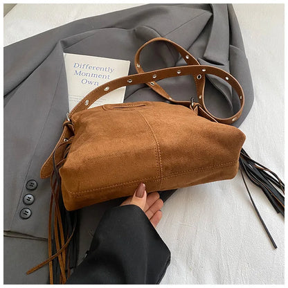 Sac à Main Femme Daim Vintage Style Français - Sac Bandoulière Épaule Glands Café