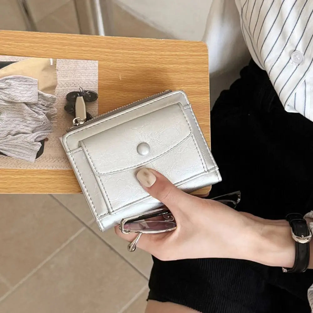Portefeuille Femme Court Cuir PU Argenté - Porte-Carte Zippé Ultra Fin Multifonction Élégant