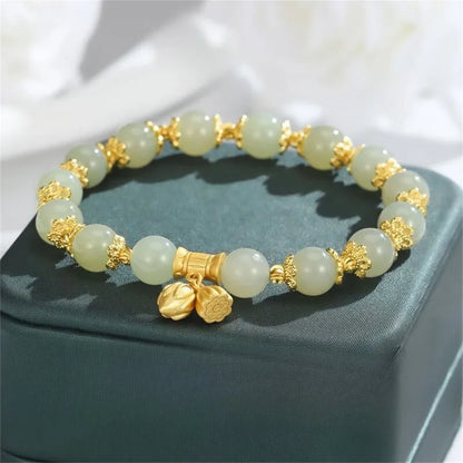 Bracelet Perles Jade Naturel Fleur Lotus – Bangle Pierre Gemme Vintage Classique Femme