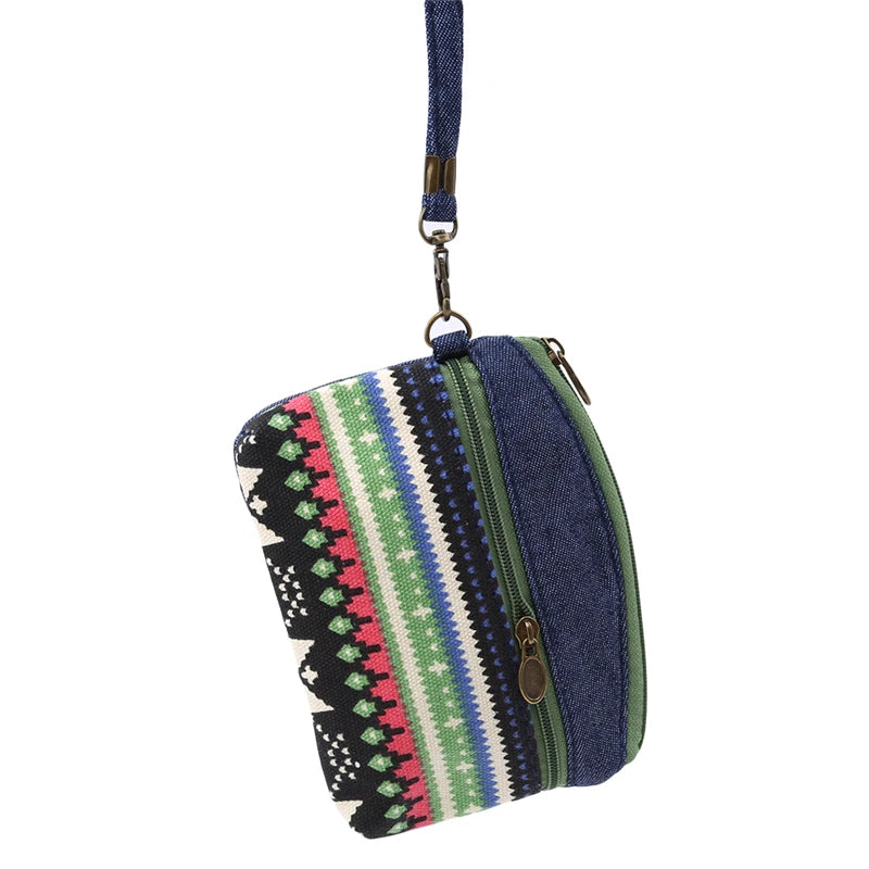Porte-Monnaie Ethnique en Coton - Pochette Double Zip pour Femme et Enfant