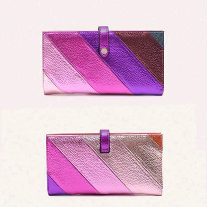 Portefeuille Long Femme Cuir PU Rayures Colorées - Bifold Fermeture Éclair Porte-Cartes