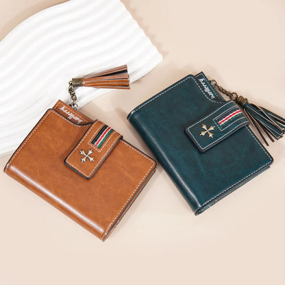 Portefeuille Femme Cuir Ciré Glands - Porte-Monnaie Tri-Fold Multi-Fentes Fermeture Éclair