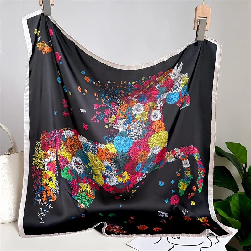 Foulard Carré Soie 70cm Imprimé Rose Femme - Écharpe Printemps Été Headscarf Bandana
