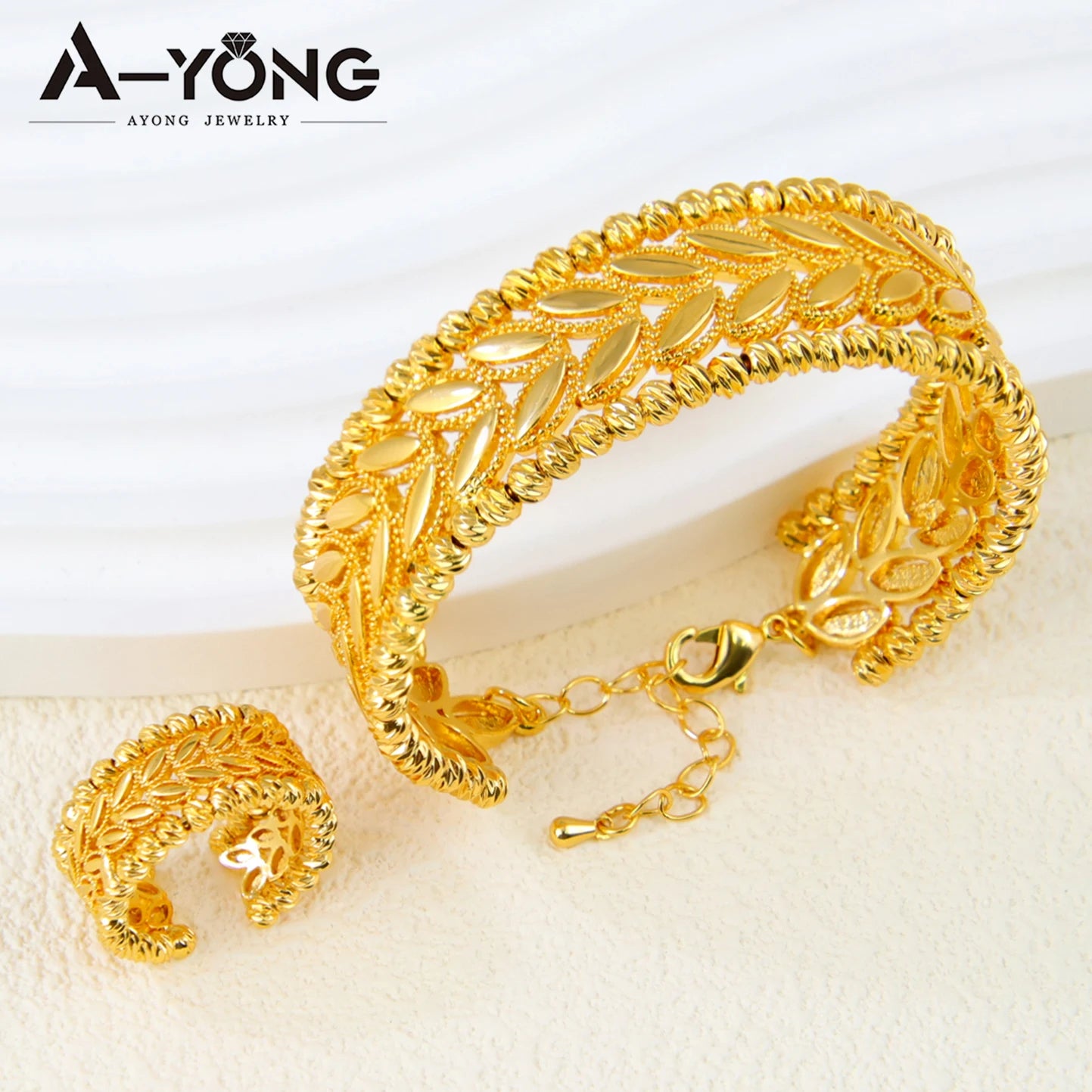 Ensemble Bracelet Bague Perles Dubai Mariage Plaqué Or 24K Luxe – Bangles Ajustables Mariée Arabe Femme