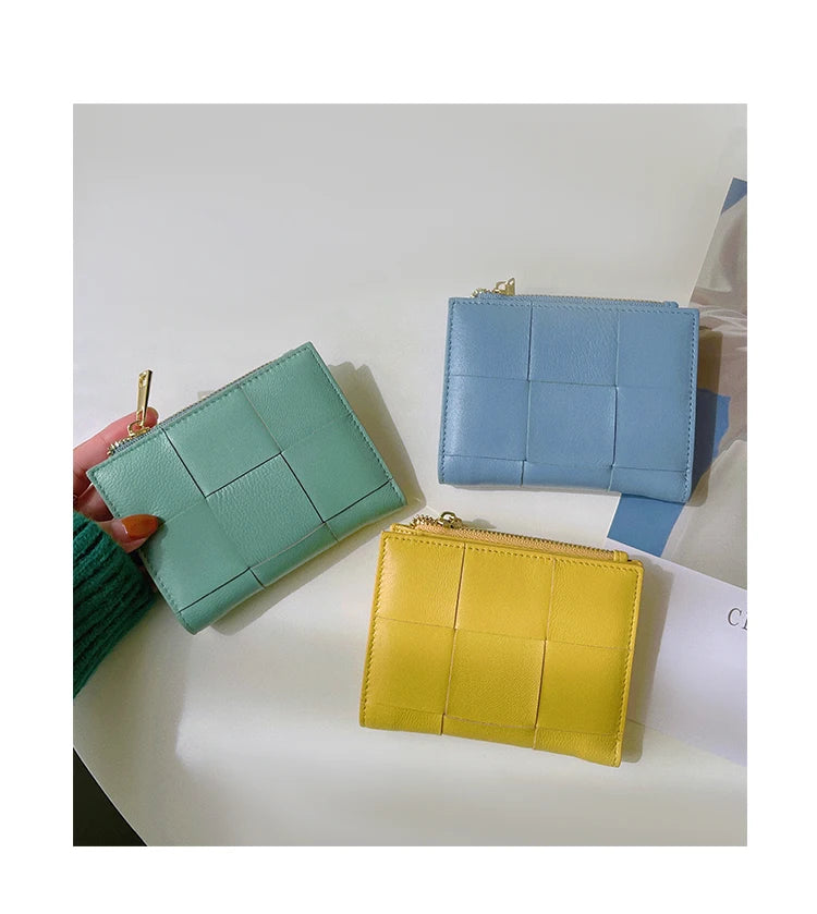 Portefeuille Femme Cuir Tressé - Porte-Monnaie Bifold Multi-Cartes Compact