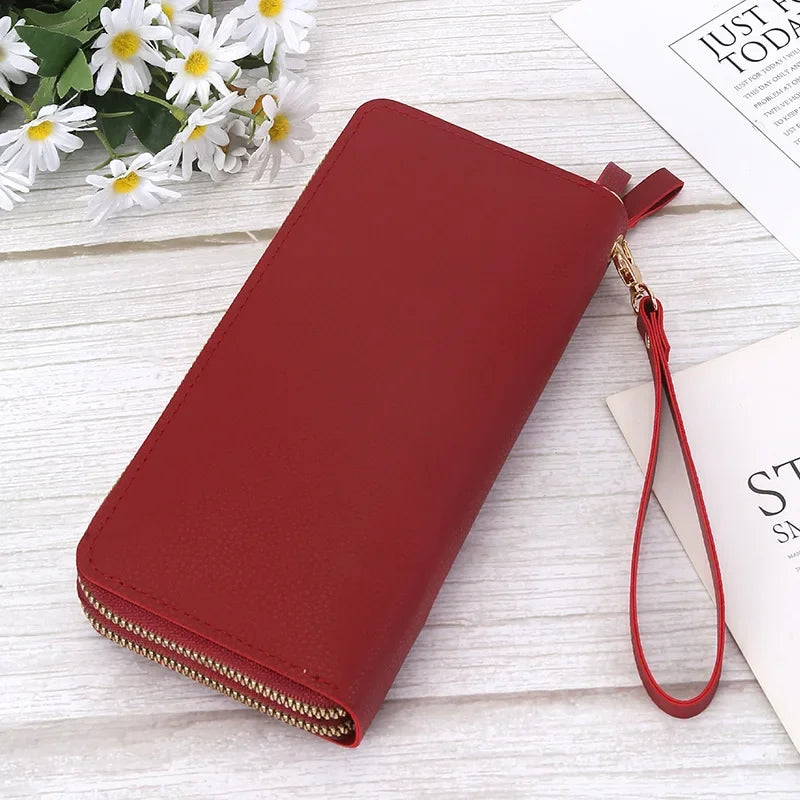 Portefeuille Femme Long Cuir PU Double Fermeture Éclair - Porte-Monnaie Téléphone Rouge