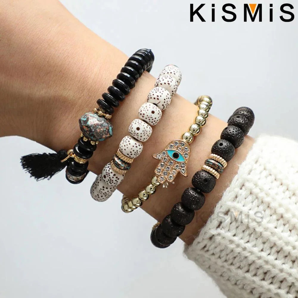 Set de 4 Bracelets Bohèmes Superposables - Œil Protecteur et Pompon