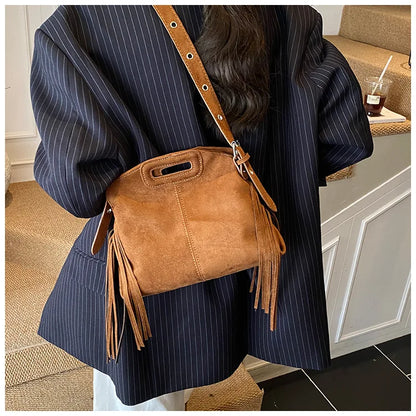 Sac à Main Femme Daim Vintage Style Français - Sac Bandoulière Épaule Glands Café