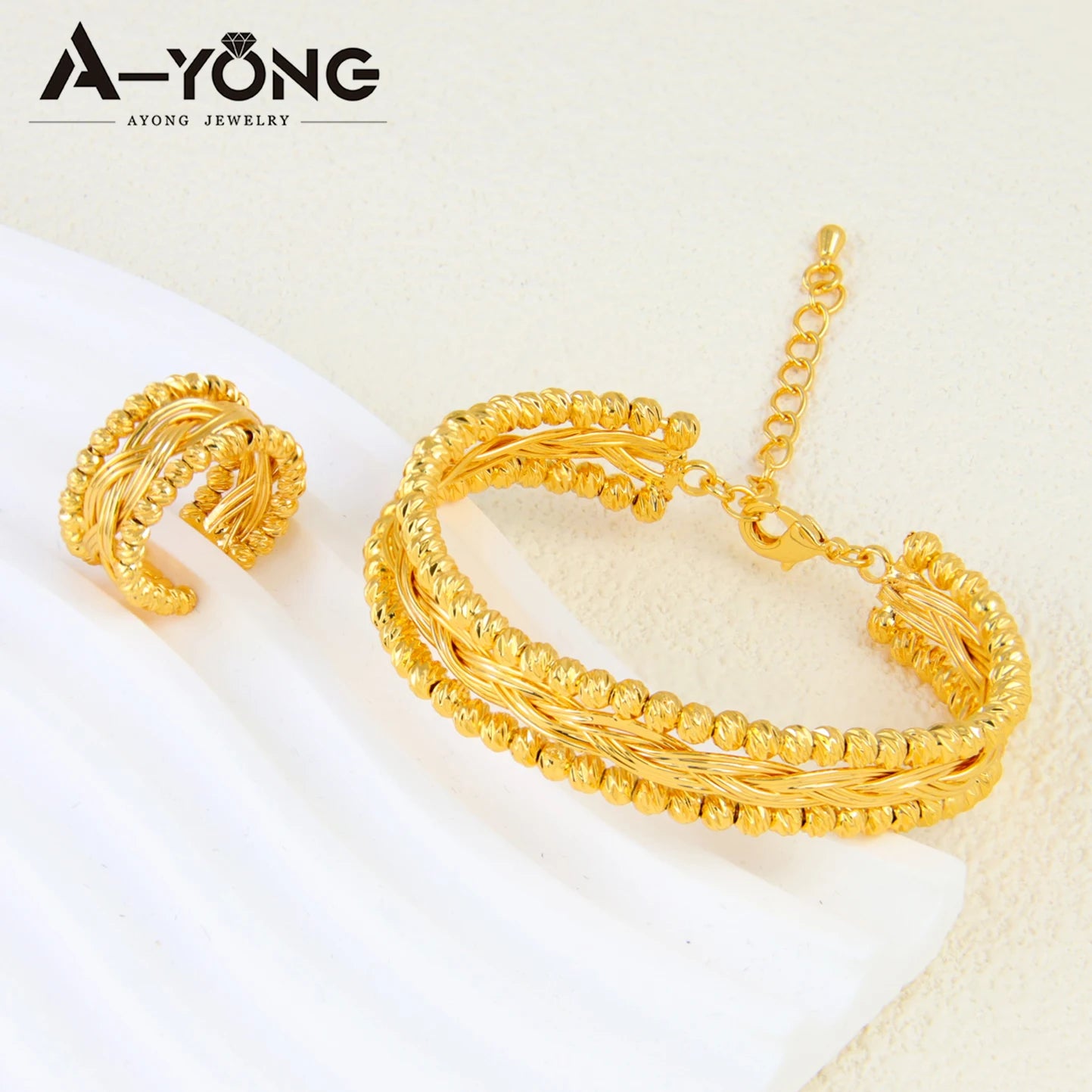 Ensemble Bracelet Bague Perles Dubai Mariage Plaqué Or 24K Luxe – Bangles Ajustables Mariée Arabe Femme