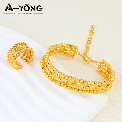 Ensemble Bracelet Bague Perles Dubai Mariage Plaqué Or 24K Luxe – Bangles Ajustables Mariée Arabe Femme