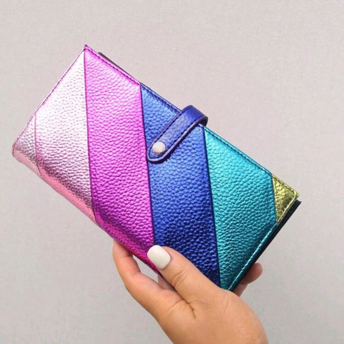 Portefeuille Long Femme Cuir PU Rayures Colorées - Bifold Fermeture Éclair Porte-Cartes