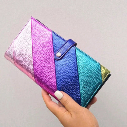 Portefeuille Long Femme Cuir PU Rayures Colorées - Bifold Fermeture Éclair Porte-Cartes