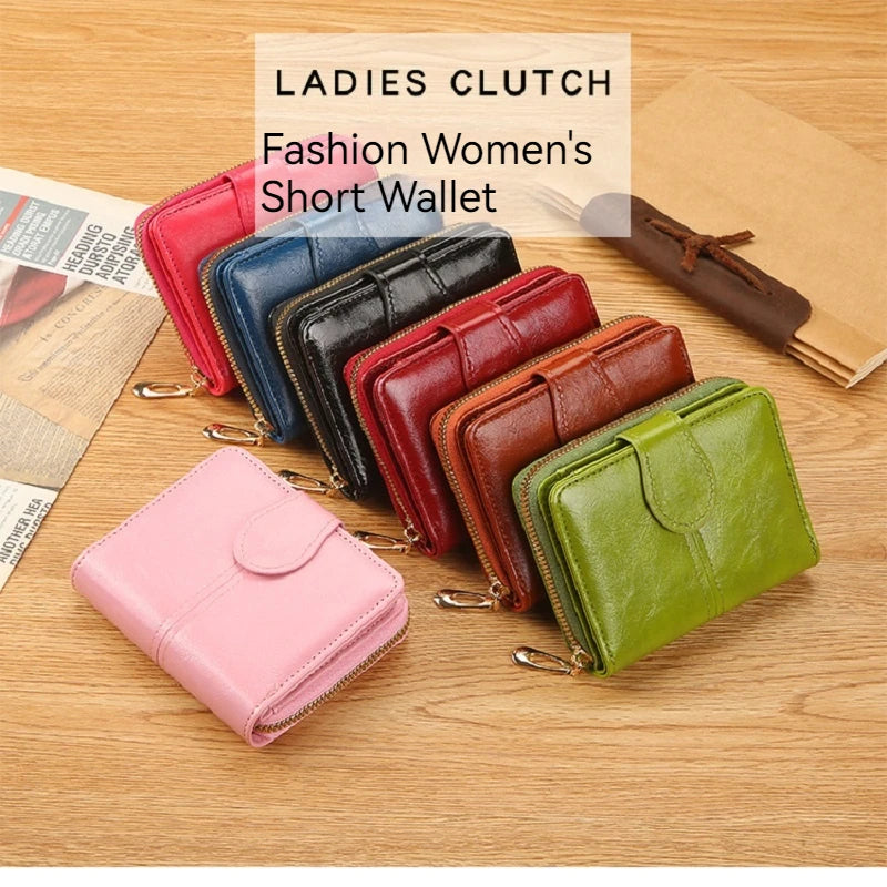 Portefeuille Femme Cuir Bifold Court Rose - Wallet Porte-Cartes Zipper Coin Pouch