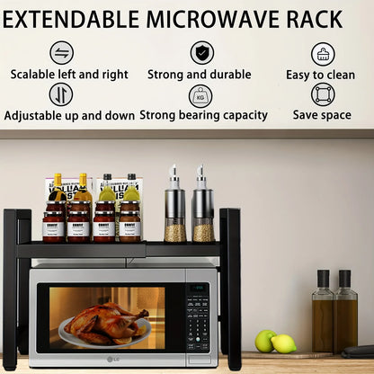 Étagère Extensible pour Micro-Ondes 40-64cm avec 6 Crochets - Rangement Cuisine 3 Niveaux