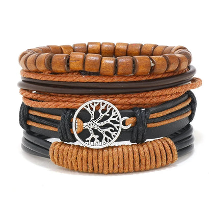Bracelet Bohème Cuir & Perles Bois Homme – Tressé Main, 26 Coloris