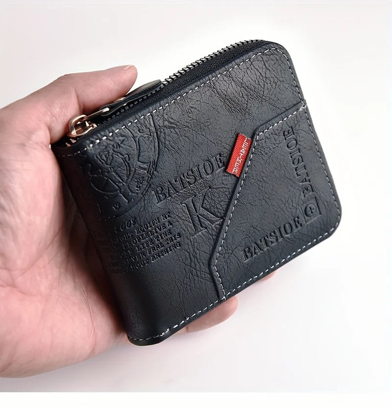 Portefeuille Homme Cuir PU Cire Huile - Court Porte-Monnaie Fermeture Éclair Porte-Cartes