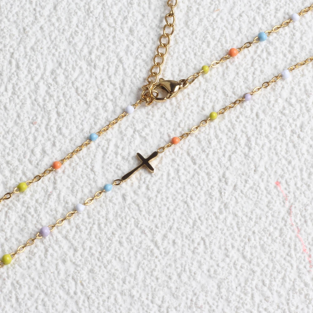 Collier Choker Bohème Croix Émaillé – Acier Inoxydable Plaqué Or Femme