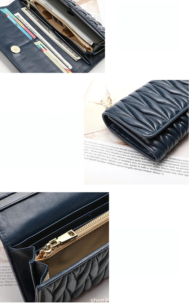 Portefeuille Femme Long Plissé Cuir Véritable - Pochette Zip Fermoir Multifonction