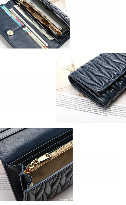 Portefeuille Femme Long Plissé Cuir Véritable - Pochette Zip Fermoir Multifonction
