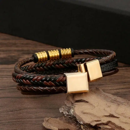 Bracelet Cuir Tressé Multicouche Punk – Boucle Magnétique Croix Homme