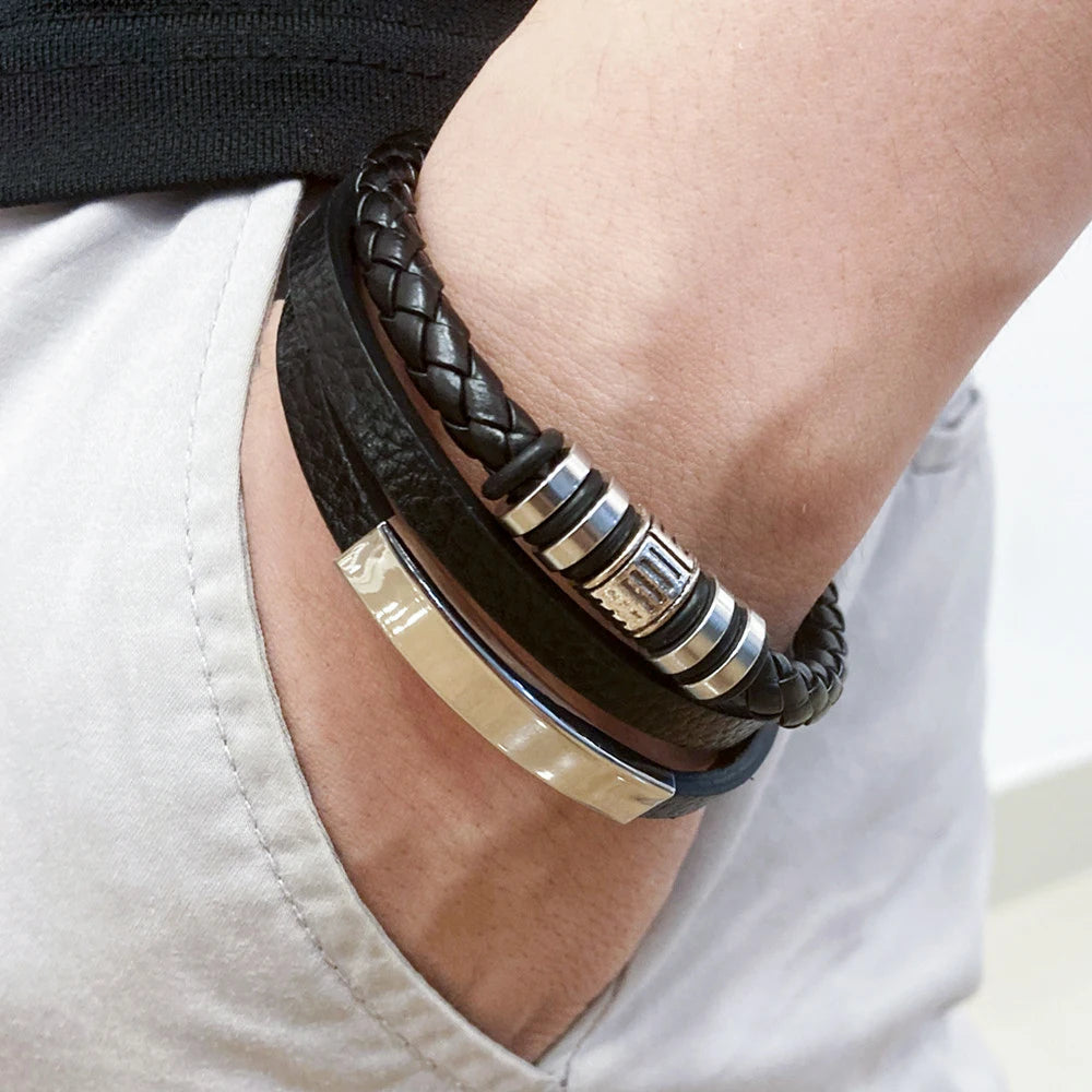 Bracelet Cuir Multicouche Tressé Homme – Acier Inoxydable 21 cm 14 Coloris Cadeau