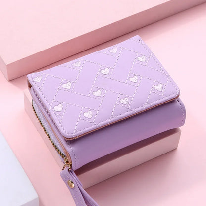 Portefeuille Femme Mignon Cœur Brodé Cuir PU - Trifold Multi-Cartes avec Porte-Monnaie