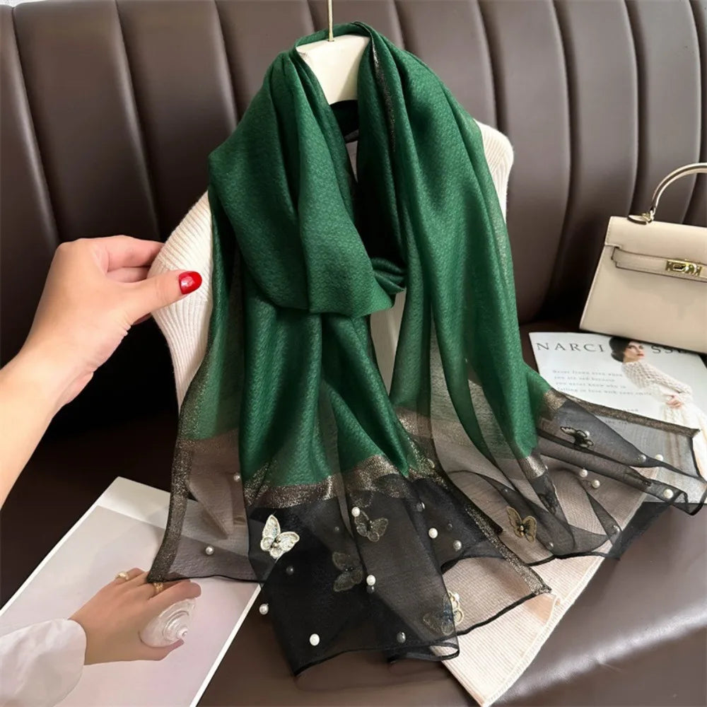 Foulard Soie Broderie Papillon Femme - Écharpe Châle Hijab Luxe Léger Élégant