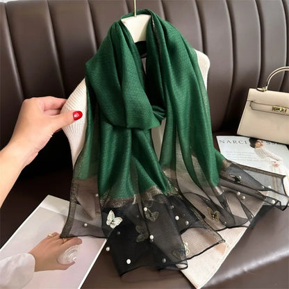 Foulard Soie Broderie Papillon Femme - Écharpe Châle Hijab Luxe Léger Élégant
