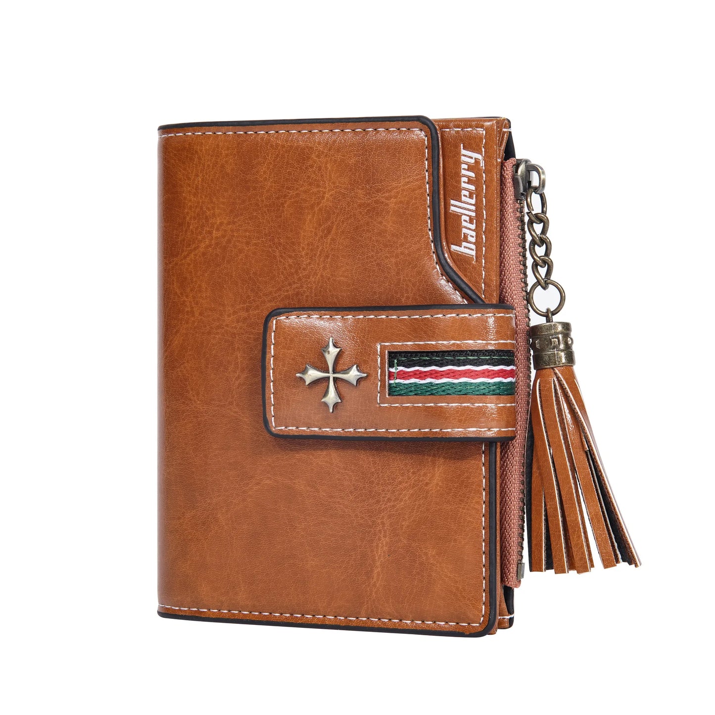 Portefeuille Femme Cuir Ciré Glands - Porte-Monnaie Tri-Fold Multi-Fentes Fermeture Éclair