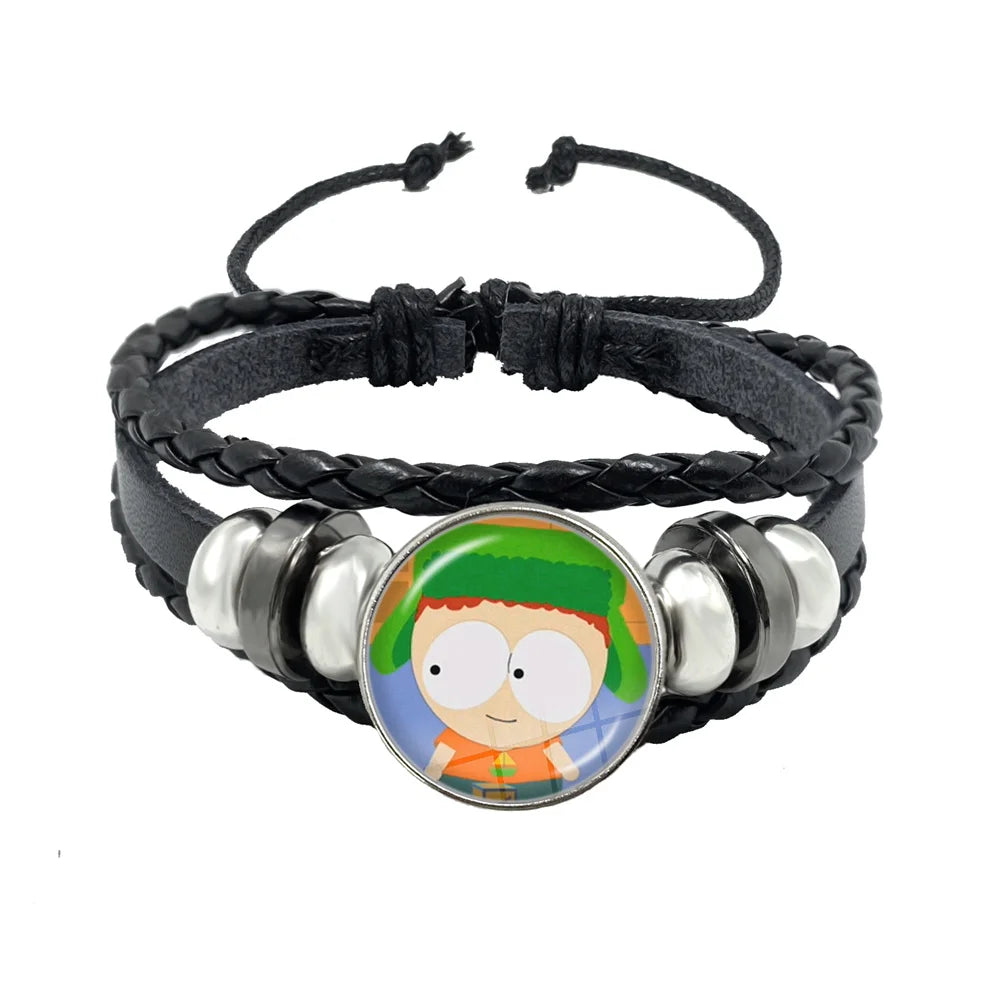 Bracelet South Park Cabochon Verre – Cuir Multicouche Tressé Fait Main Unisexe