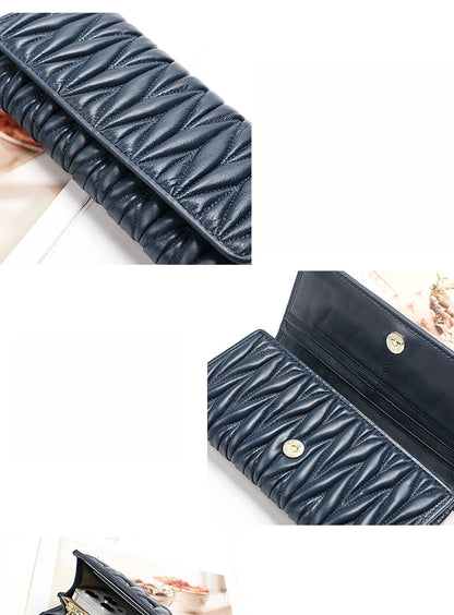 Portefeuille Femme Long Plissé Cuir Véritable - Pochette Zip Fermoir Multifonction