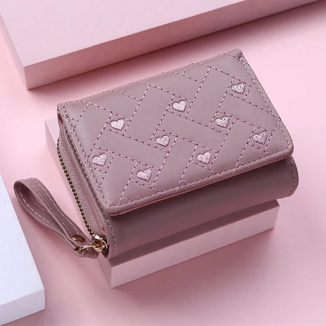 Portefeuille Femme Mignon Cœur Brodé Cuir PU - Trifold Multi-Cartes avec Porte-Monnaie
