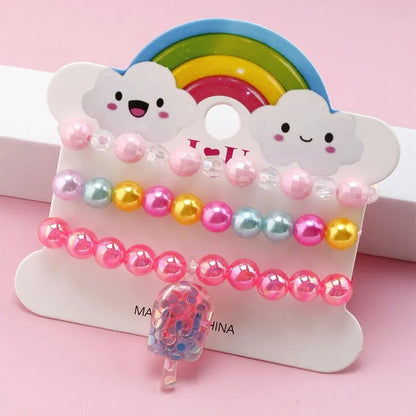 Ensemble 3 Bracelets Perles Cartoon Mignons Enfants – Princesse Licorne Fruits Chat Filles