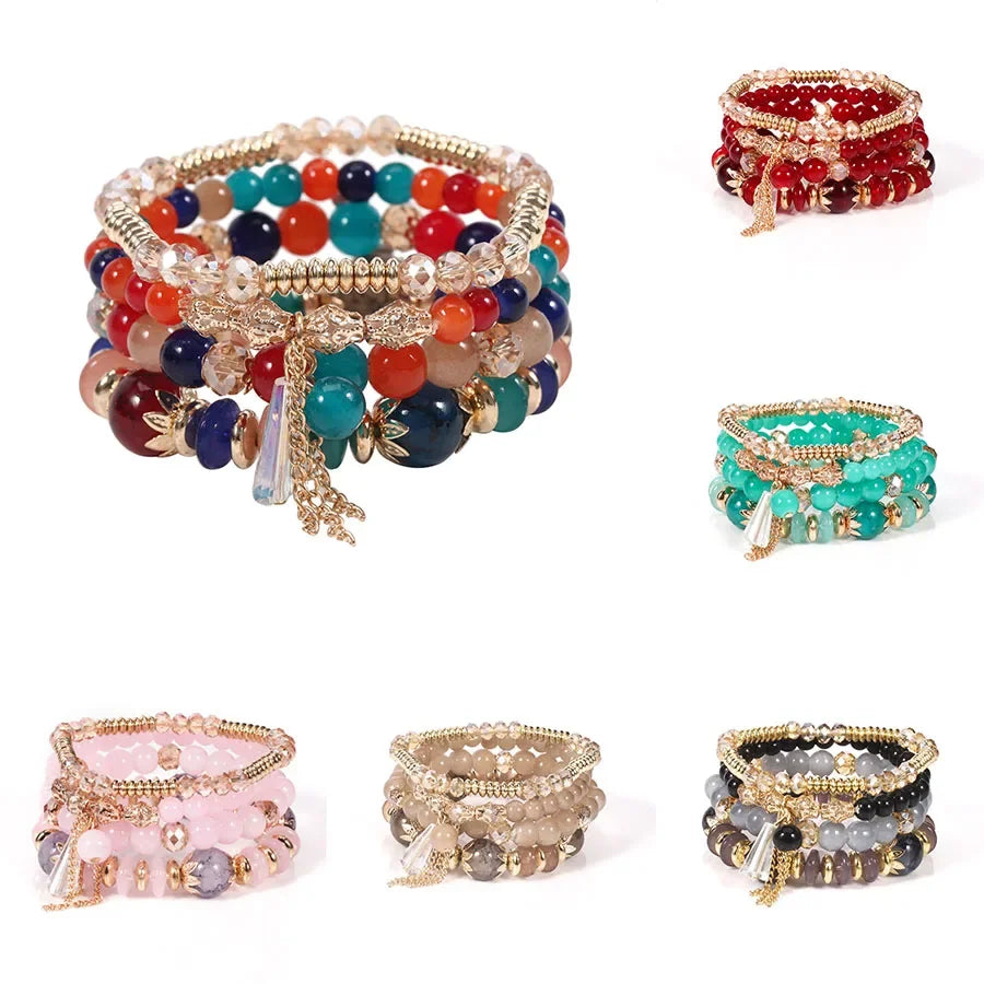 Set de 4 Bracelets Bohèmes Perles Verre Colorées - Pompons et Charms