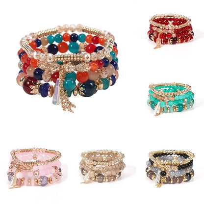 Set de 4 Bracelets Bohèmes Perles Verre Colorées - Pompons et Charms