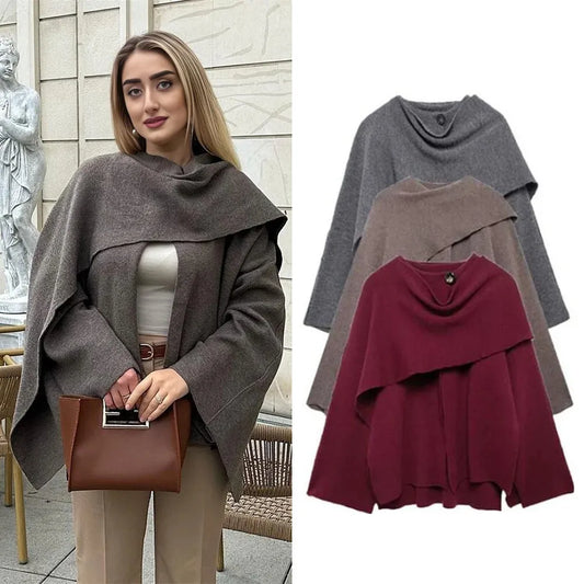 Asymmetrical Knit Jacket with Integrated Scarf - Women's Autumn/Winter Coat