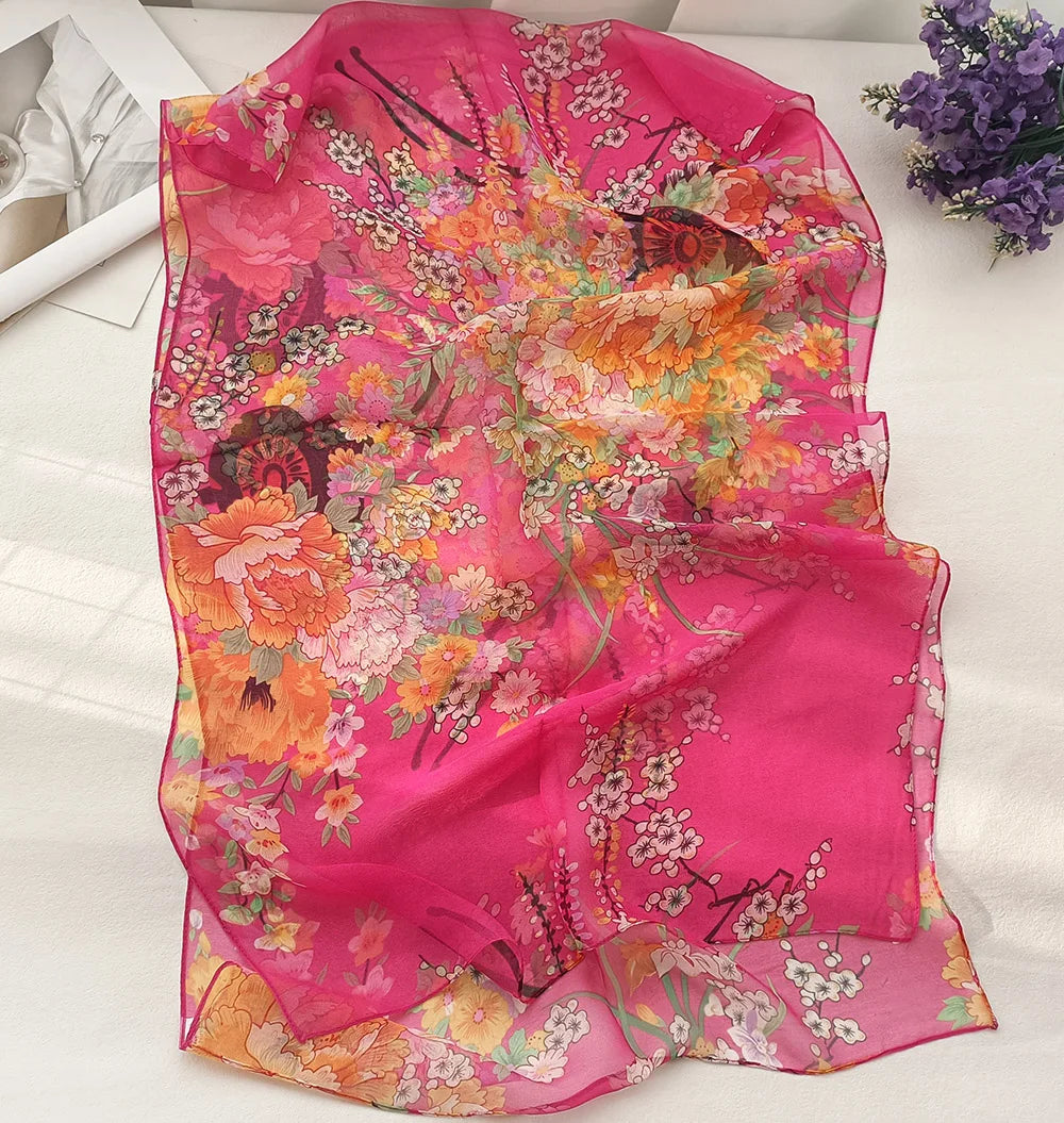 Foulard Écharpe Mousseline Georgette Femme Fleur Prune - Bandana Été Léger Respirant