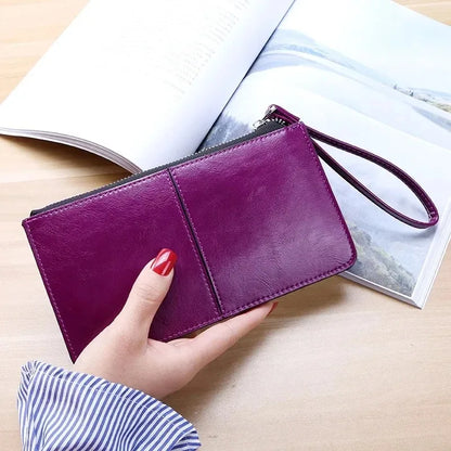 Portefeuille Clutch Femme Vintage Cuir Ciré PU - Grande Capacité avec Bracelet