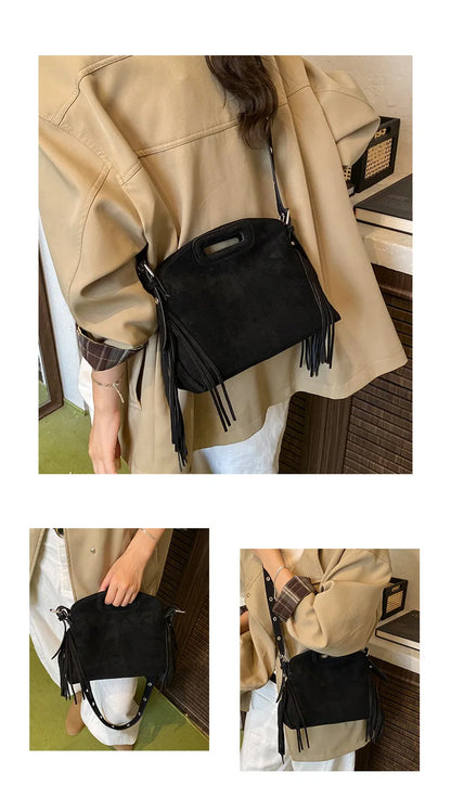 Sac à Main Femme Daim Vintage Style Français - Sac Bandoulière Épaule Glands Café