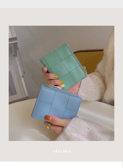 Portefeuille Femme Cuir Tressé - Porte-Monnaie Bifold Multi-Cartes Compact