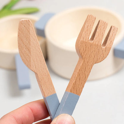 Cuisine Jouet en Bois Bleu - Set Chef Complet Casseroles et Aliments pour Jeu de Rôle 3-6 Ans