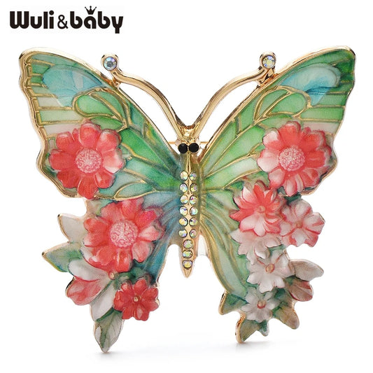 Broche Vintage Papillon et Grande Fleur - Émail Strass 5 Couleurs