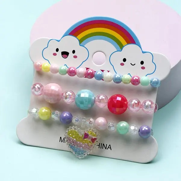 Ensemble 3 Bracelets Perles Cartoon Mignons Enfants – Princesse Licorne Fruits Chat Filles